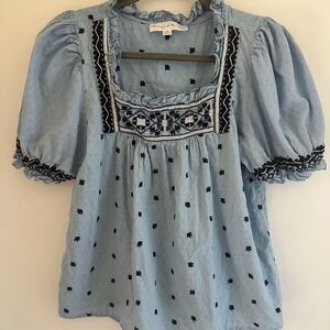 Light Blue Puffy Sleeve Square Neck Blouse Embroidered Details Size S